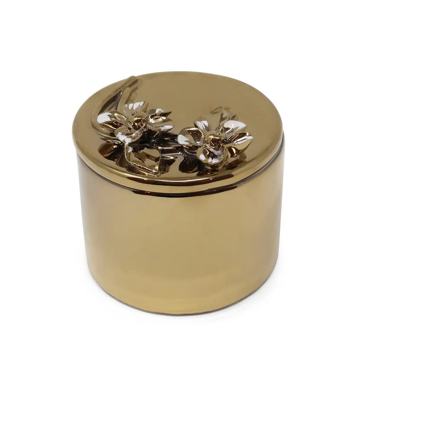 Round Gold Decorative Box w/ Flower Design Lid DarlingDiamondDecor