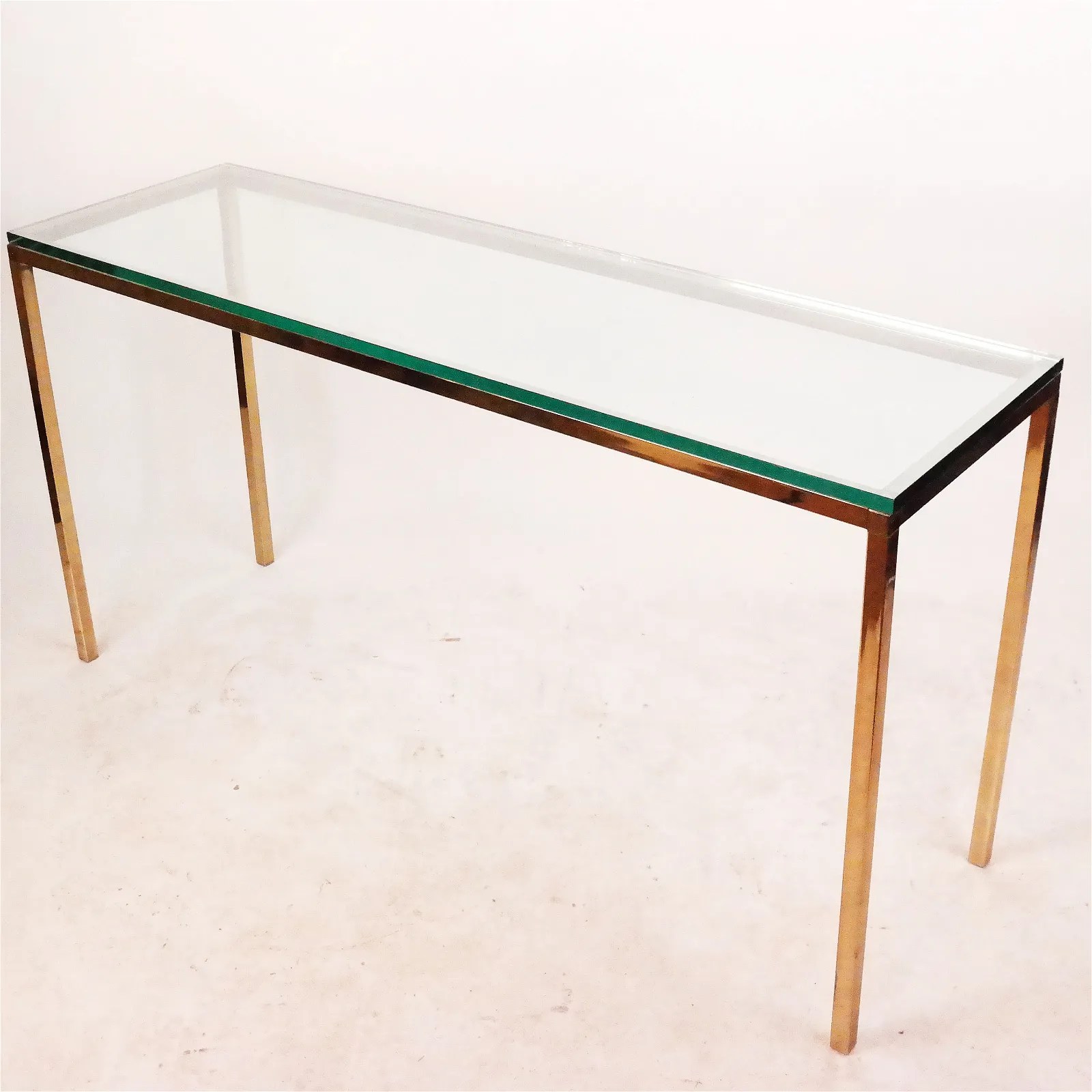 Polished Brass Glass Top Modern Parsons Table Koch Antiques