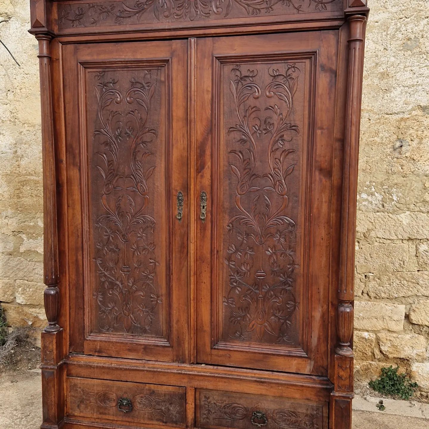 Antique Double Door Italian Armoire Solid Walnut 19th Century Rocaille