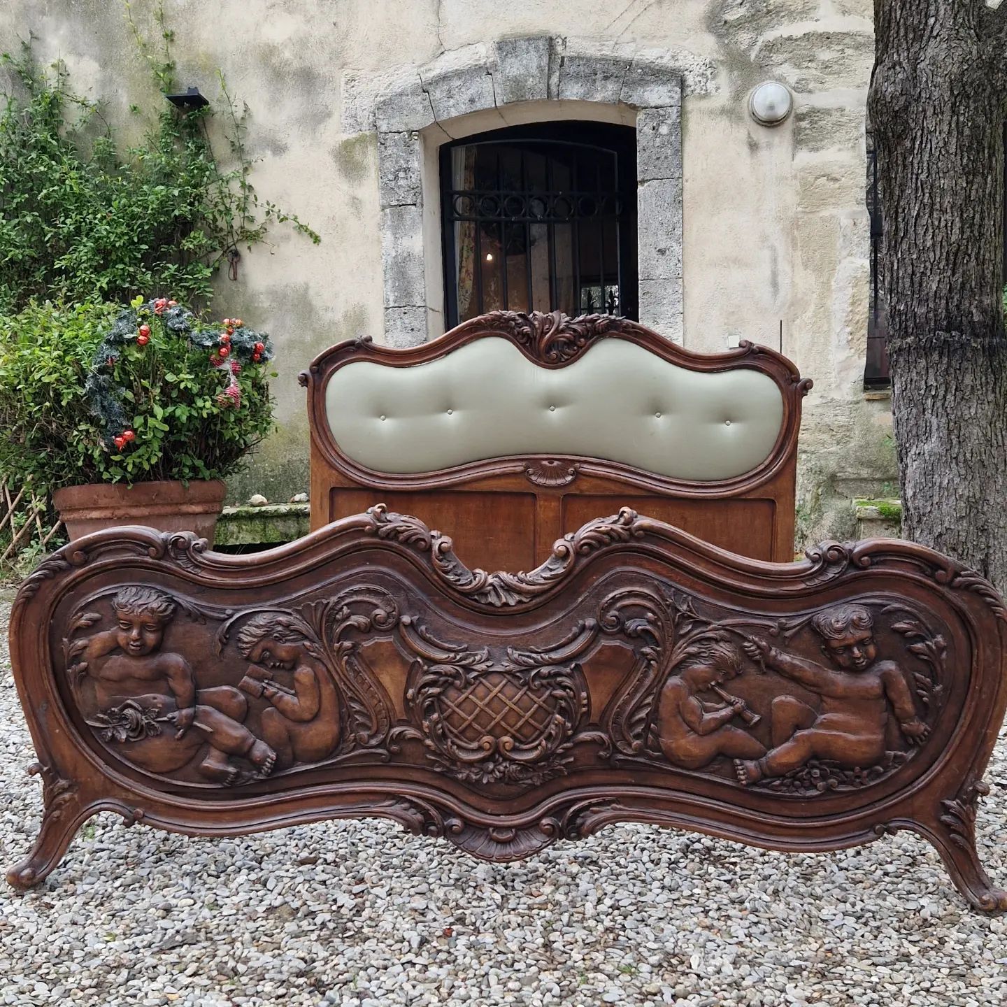 Antique Italian King Size Hand Carved Upholstered Original Rare Bed