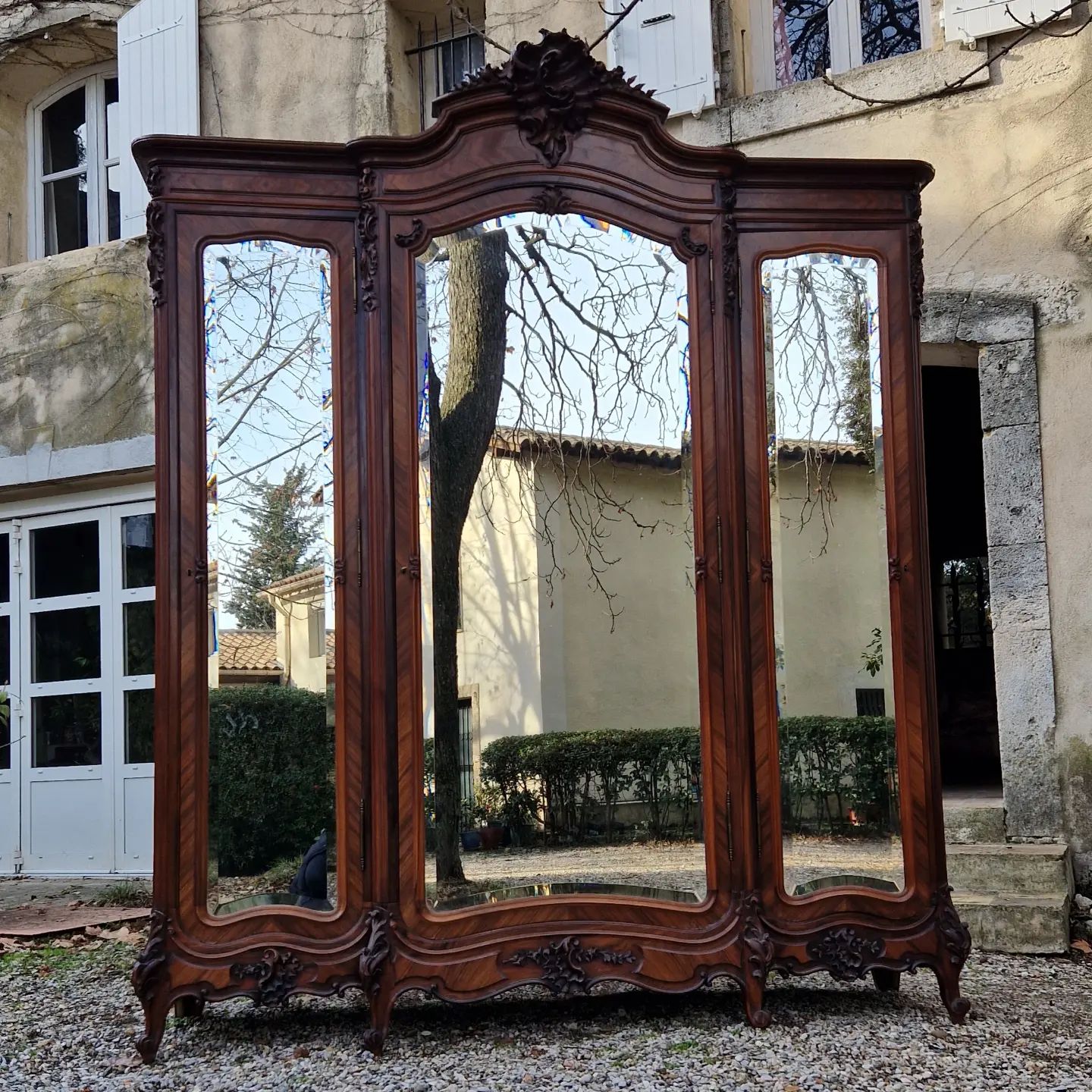 Antique French Rococo Armoire Carved Wood Triple Door Rocaille