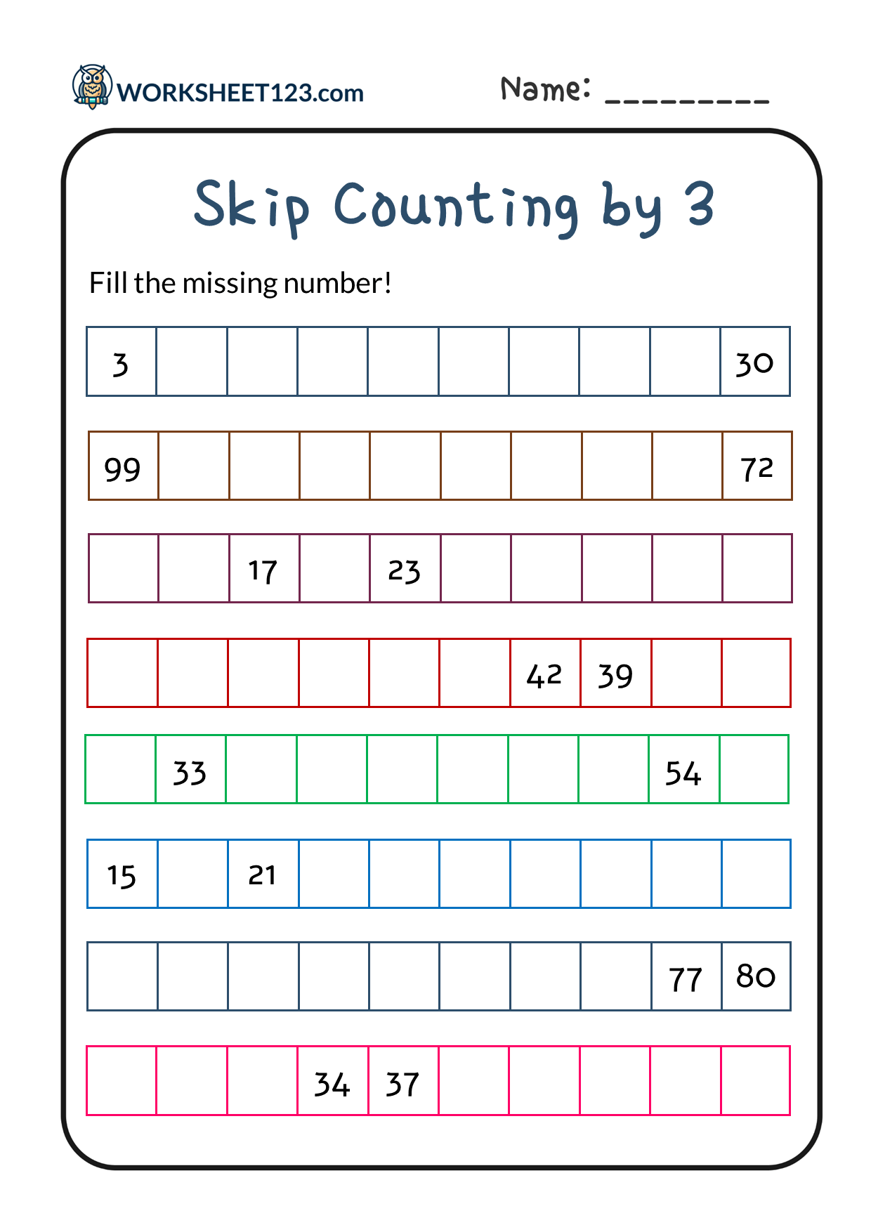 Count by 3 (Fill in the Missing Numbers) Worksheet | Engaging Math Practice