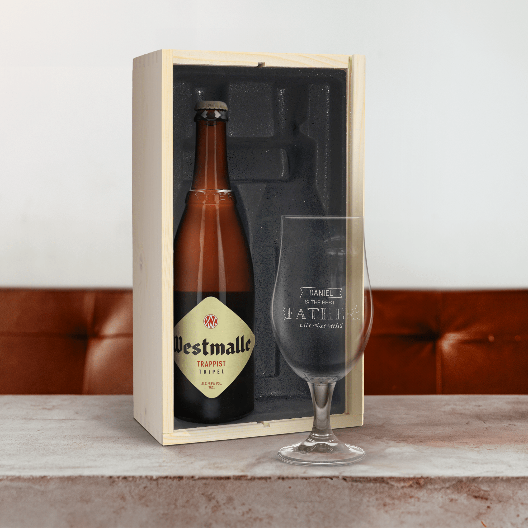 Fars dag øl gaveæske med indgraveret glas – Westmalle