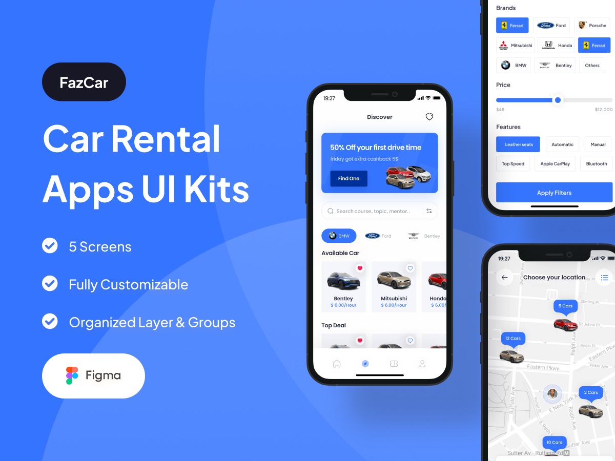 35屏现代简约汽车在线租赁共享汽车APP界面设计Figma模板素材 FazCar Car Rental App UI Kit