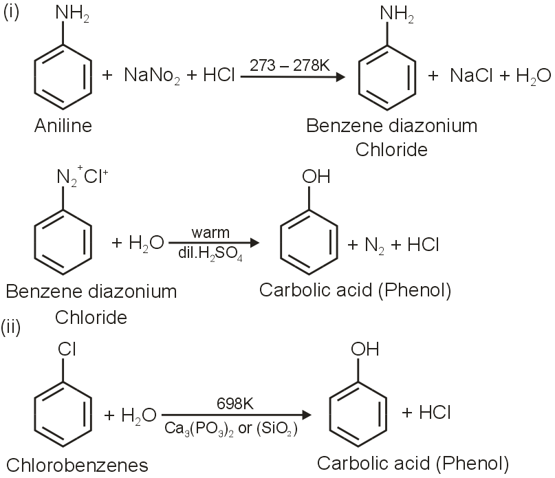 How is carbolic acid prepared from the following compound ? (i) Aniline (ii) Chlorobenzene and