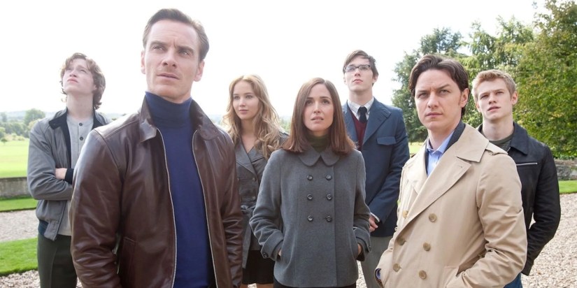 Charles Xavier (James McAvoy), Magneto (Michael Fassbender), Mystique (Jennifer Lawrence), Moira MacTaggert (Rose Byrne), Beast (Nicholas Hoult), Havok (Lucas Till), and Banshee (Caleb Landry Jones) in X-Men: First Class