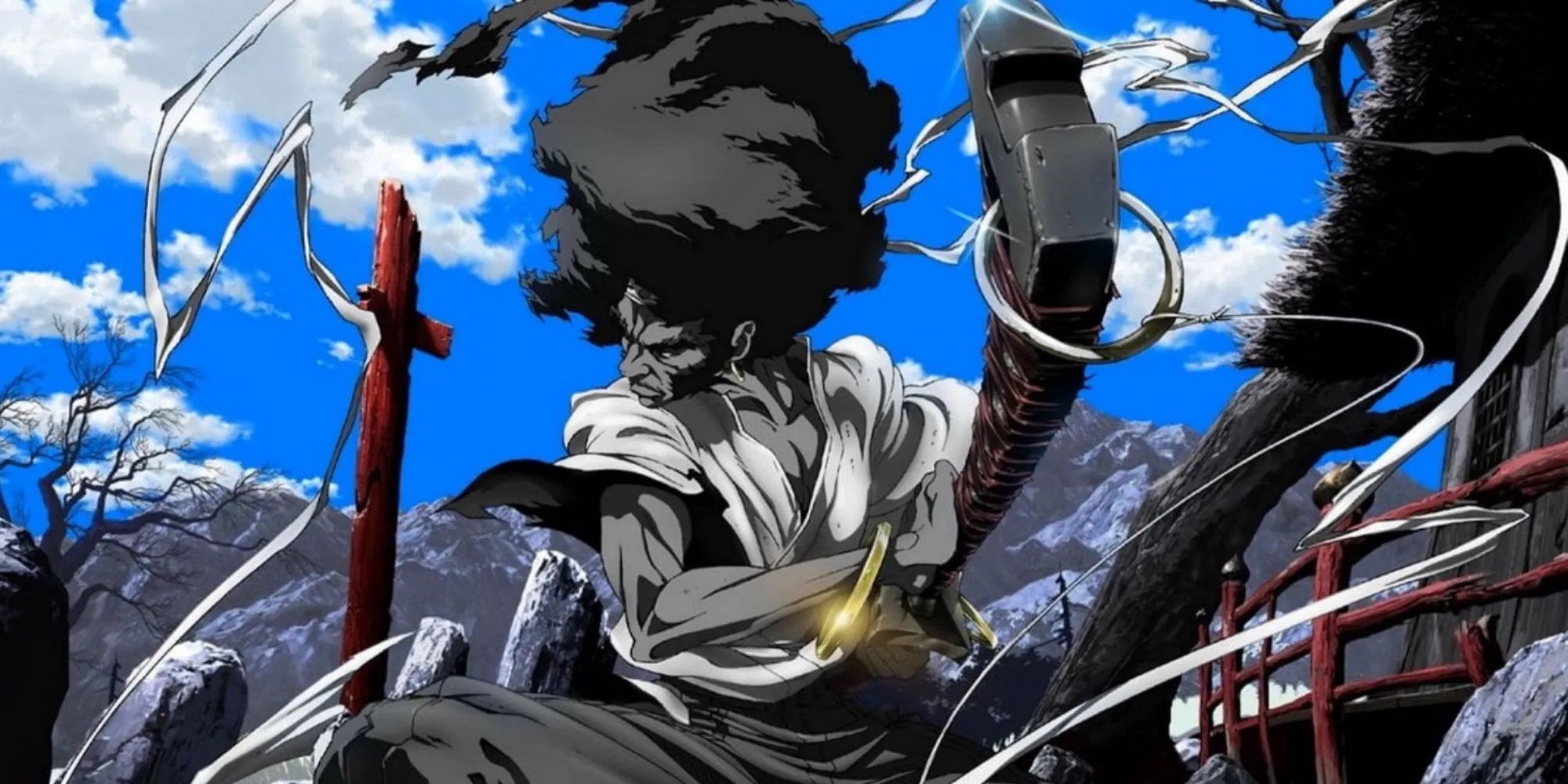 Afro Samurai, voiced by Samuel L. Jackson, does sweeping movements in front of mountains in Afro Samurai.