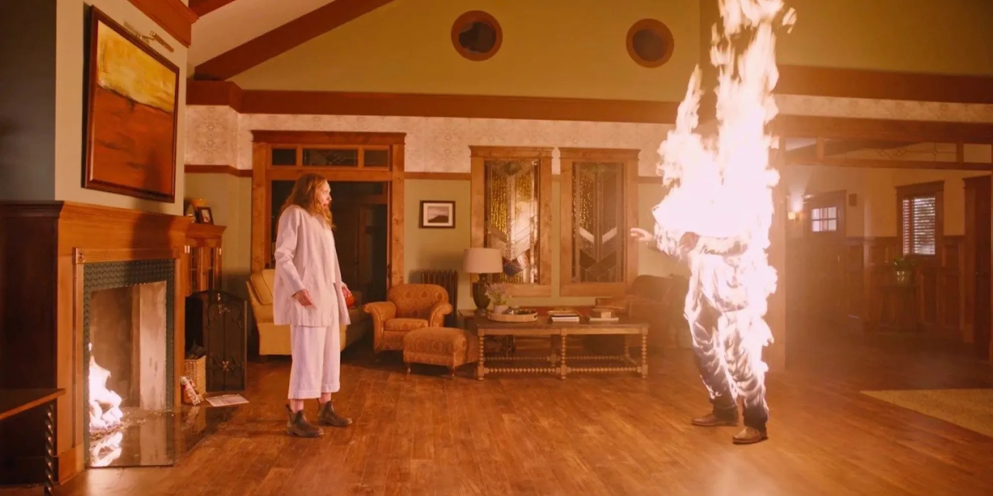 Toni Collette watching Gabriel Byrne burn to death in Hereditary