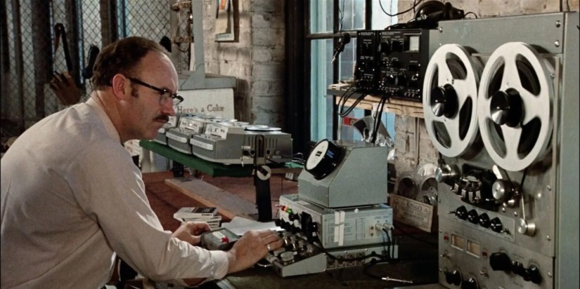 Actor Gene Hackman as Henry Caul watching over surveillance equipment in Francis Ford Coppola’s movie, The Conversation