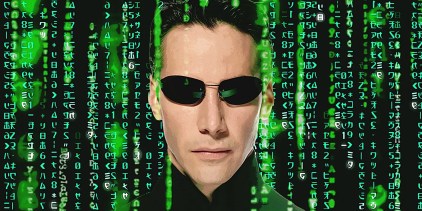 A custom image of Keanu Reeves' Neo from The Matrix surrounded by the Matrix code