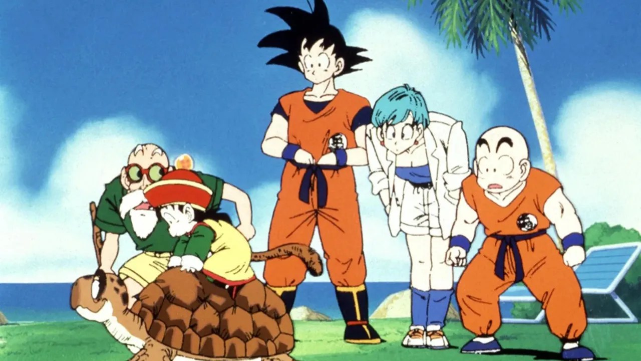 Roshi, Goku, Bulma, Krillin, and Gohan in Dragon Ball Z