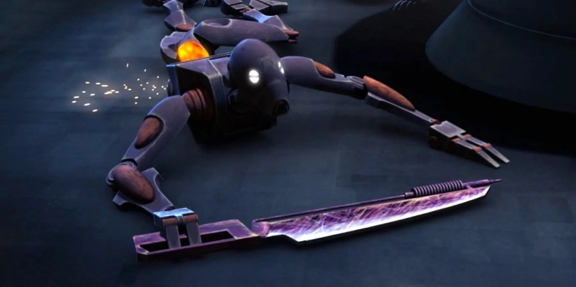A Commando Droid, sparking on the ground, holds a large vibro-blade in Star Wars: The Clone Wars.