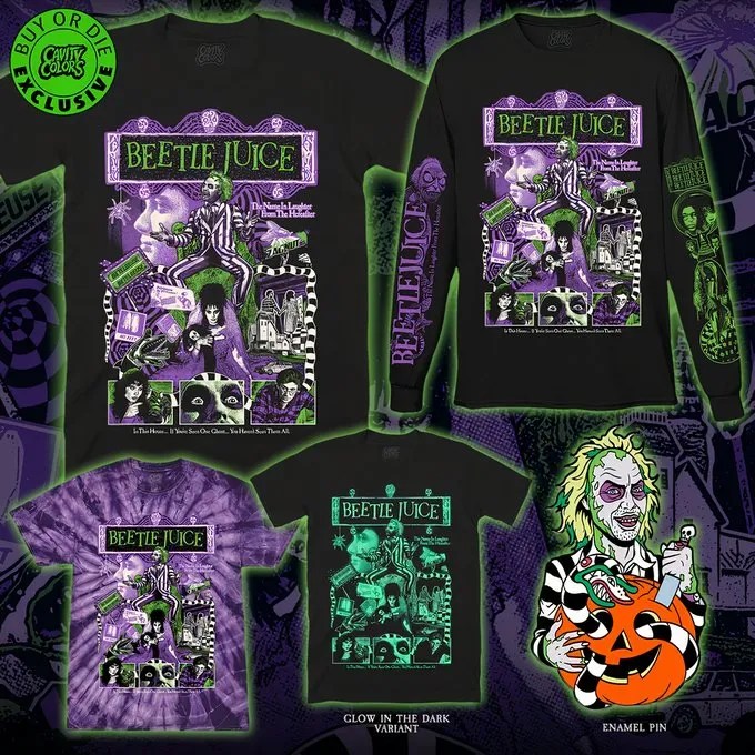 The main design, a part of Cavity Colors’ “Buy or Die” series features an artful collage titled “Bio-Exorcist” of iconic images and promotional shots from Beetlejuice. This includes many of the main characters from the film, like Michael Keaton’s Ghost With the Most, Winona Ryder’s Lydia Deetz, Alec Baldwin’s Adam Maitland, and Geena Davis’ Barbara Maitland. The final piece of the collection is an enamel pin of Beetlejuice carving a pumpkin with a Beetlejuice snake coming out of it.