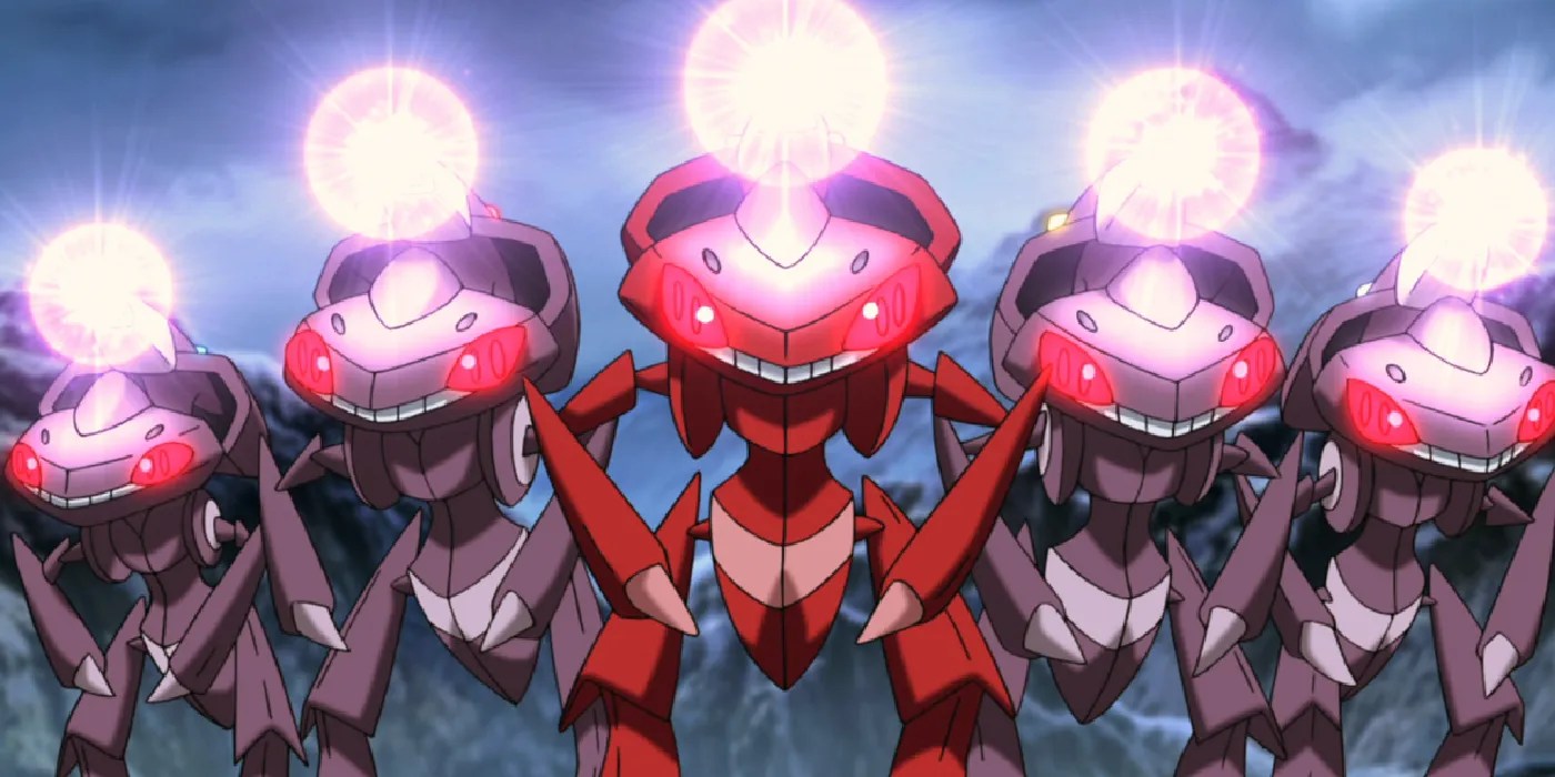Pokemon Genesect group in line with glowing orbs