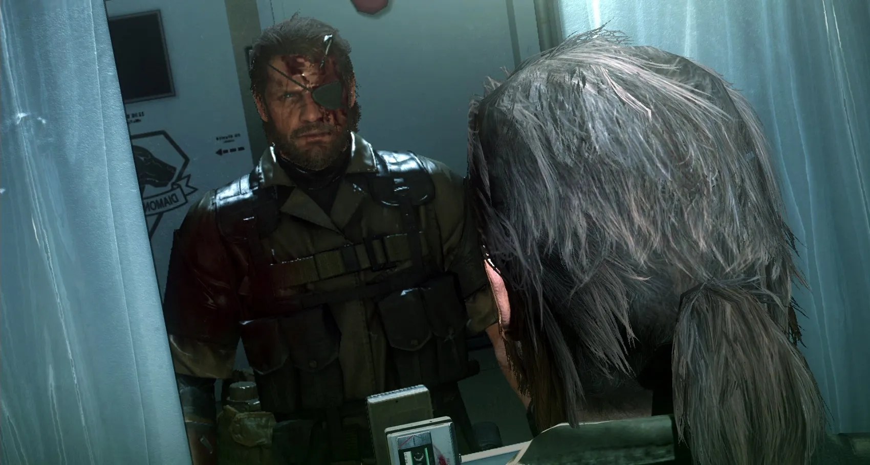 MGS v venom snake looking into a mirror