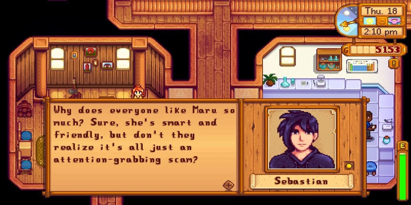 Pixel art - stardew valley video game dialogue of sebastian saying &lsquo;why does everyone like Maru so much? Sure, she&rsquo;s smart and friendly, but don&rsquo;t they realize it&rsquo;s all just an attention grabbing scam?'