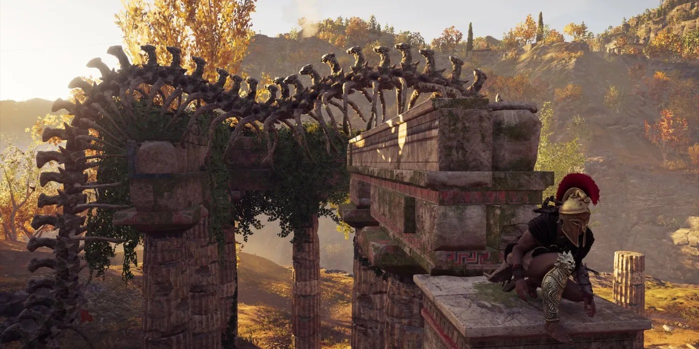 image of Kassandra standing in the Snake Temple ruin in Assassin’s Creed Odyssey