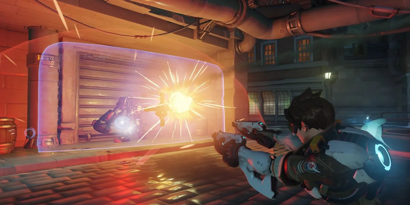 Tracer firing at shielding Reinhardt in Overwatch
