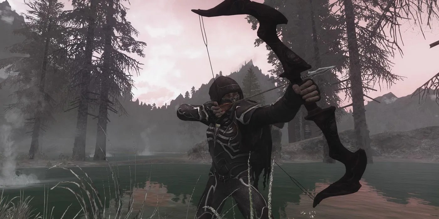 A Skyrim player character drawing a bow