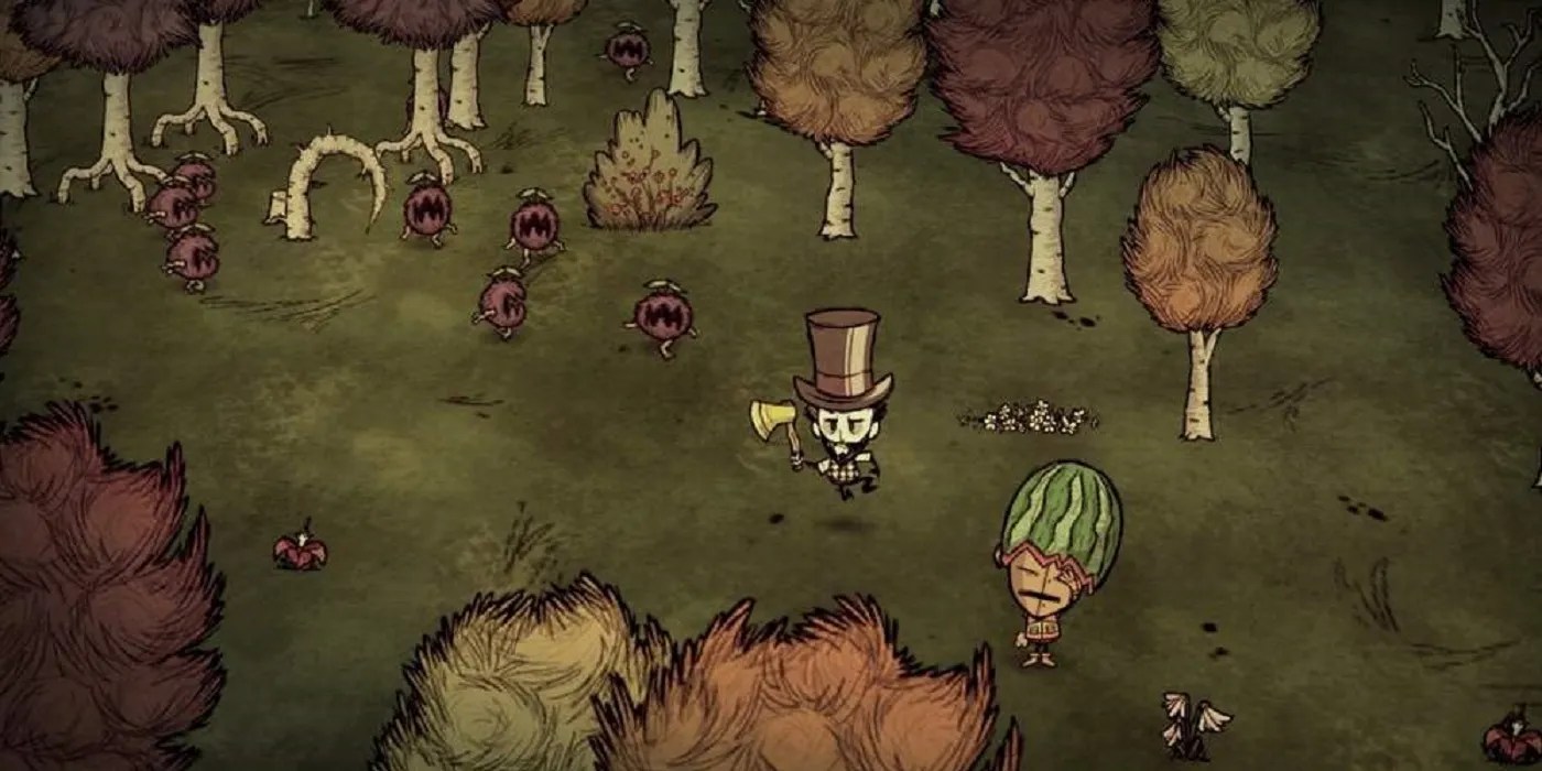 don&rsquo;t starve together game play in dark woods with top hat and axe