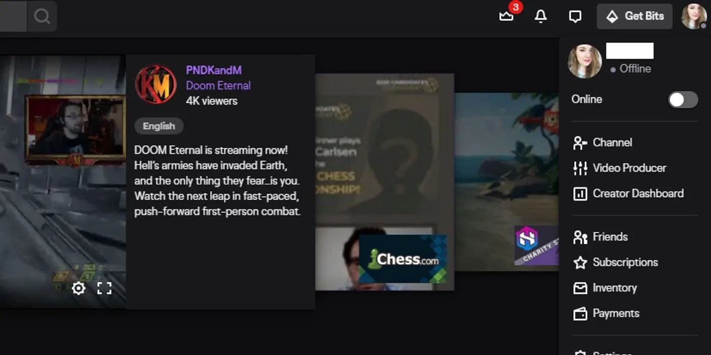 Twitch Profile Drop Down Menu