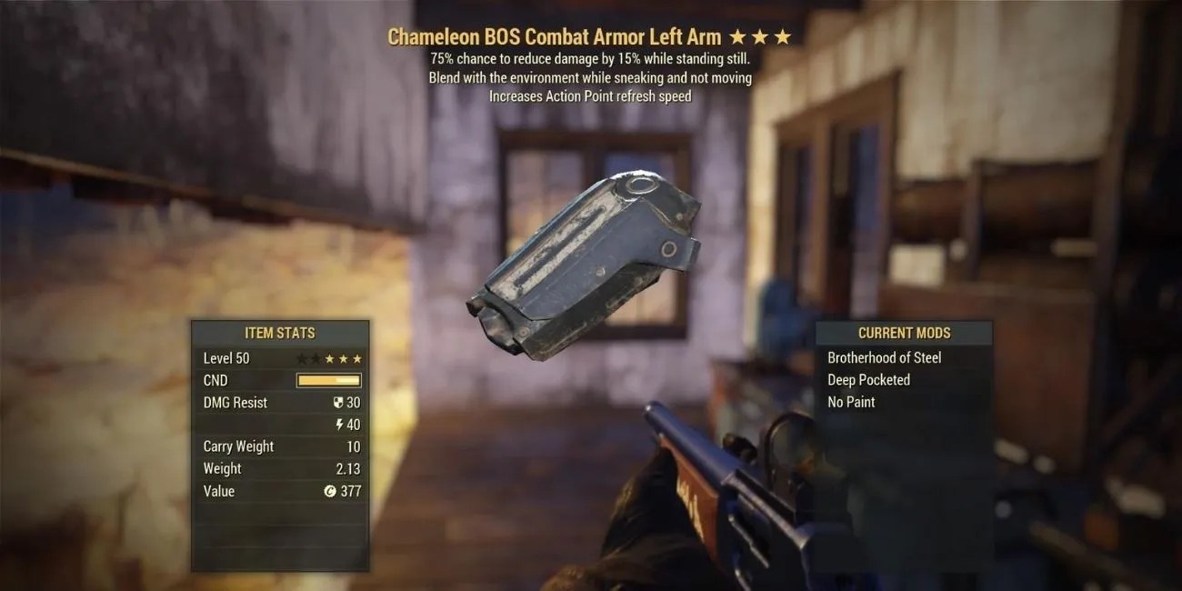 Fallout 76 Menu screen showing an armor piece with the Chameleon Effect