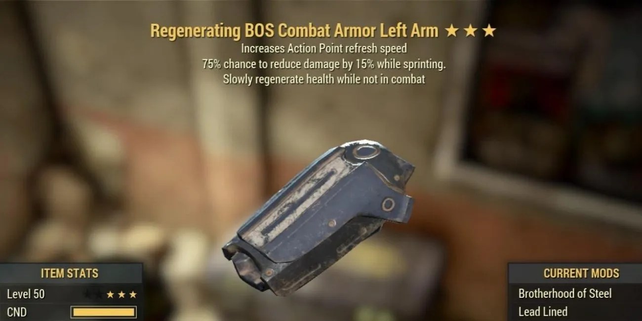 Fallout 76 menu screen of an armor piece with the Regenerating Effect