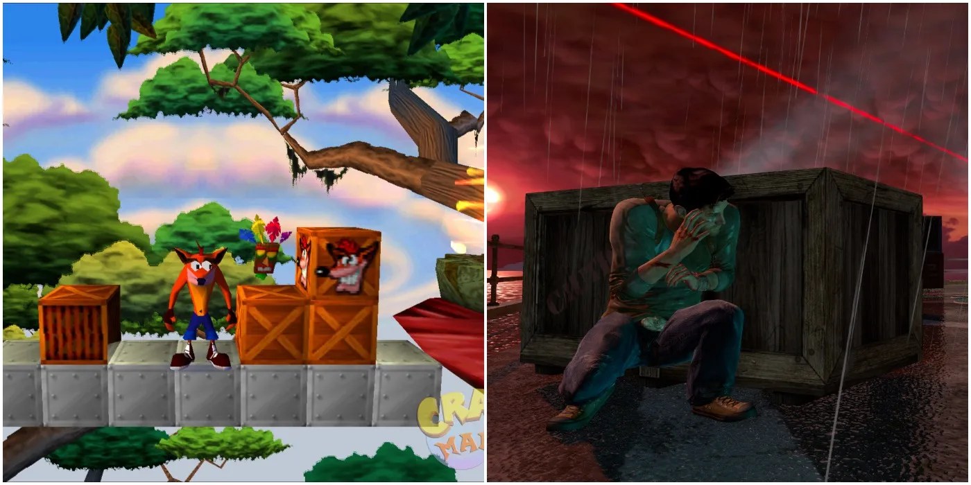 Drake hiding behind crates and Crash smashing crates