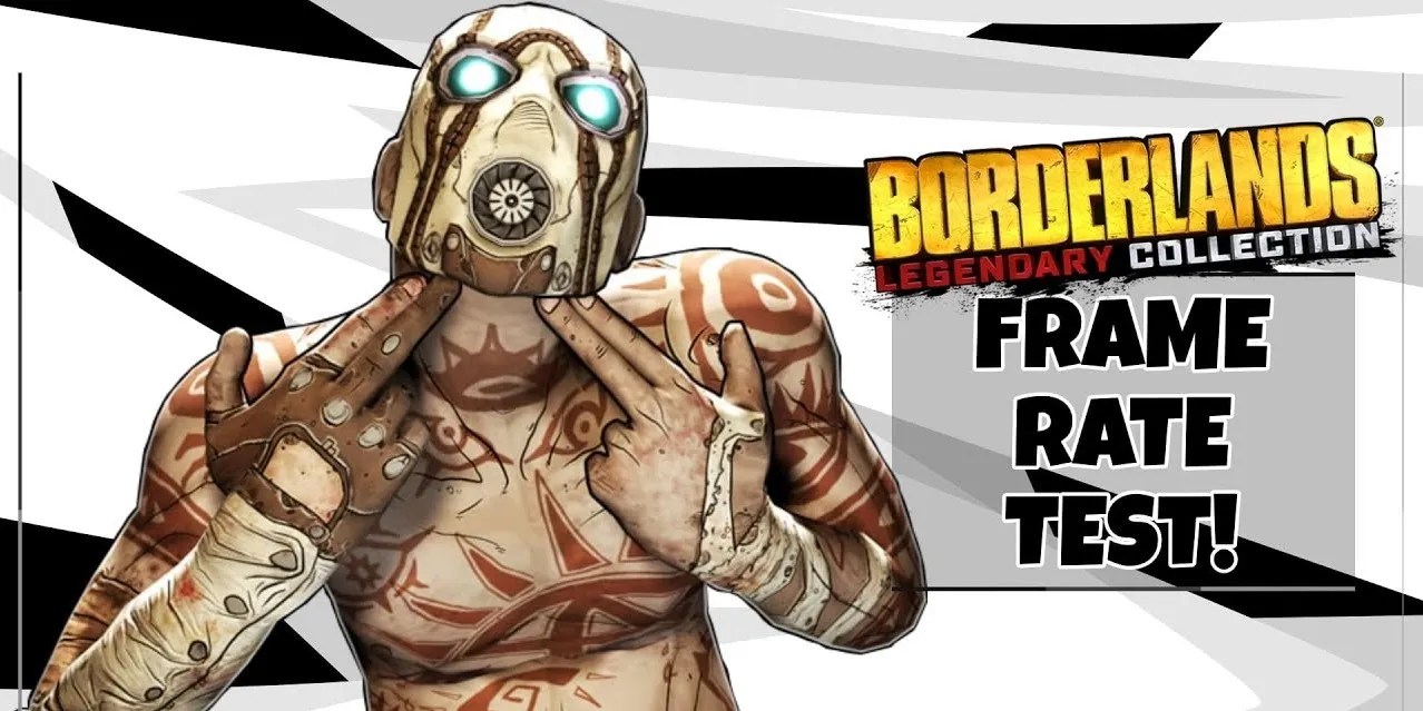 Borderlands Bandit holding fingers up to chin “Frame Rate Test” words in background