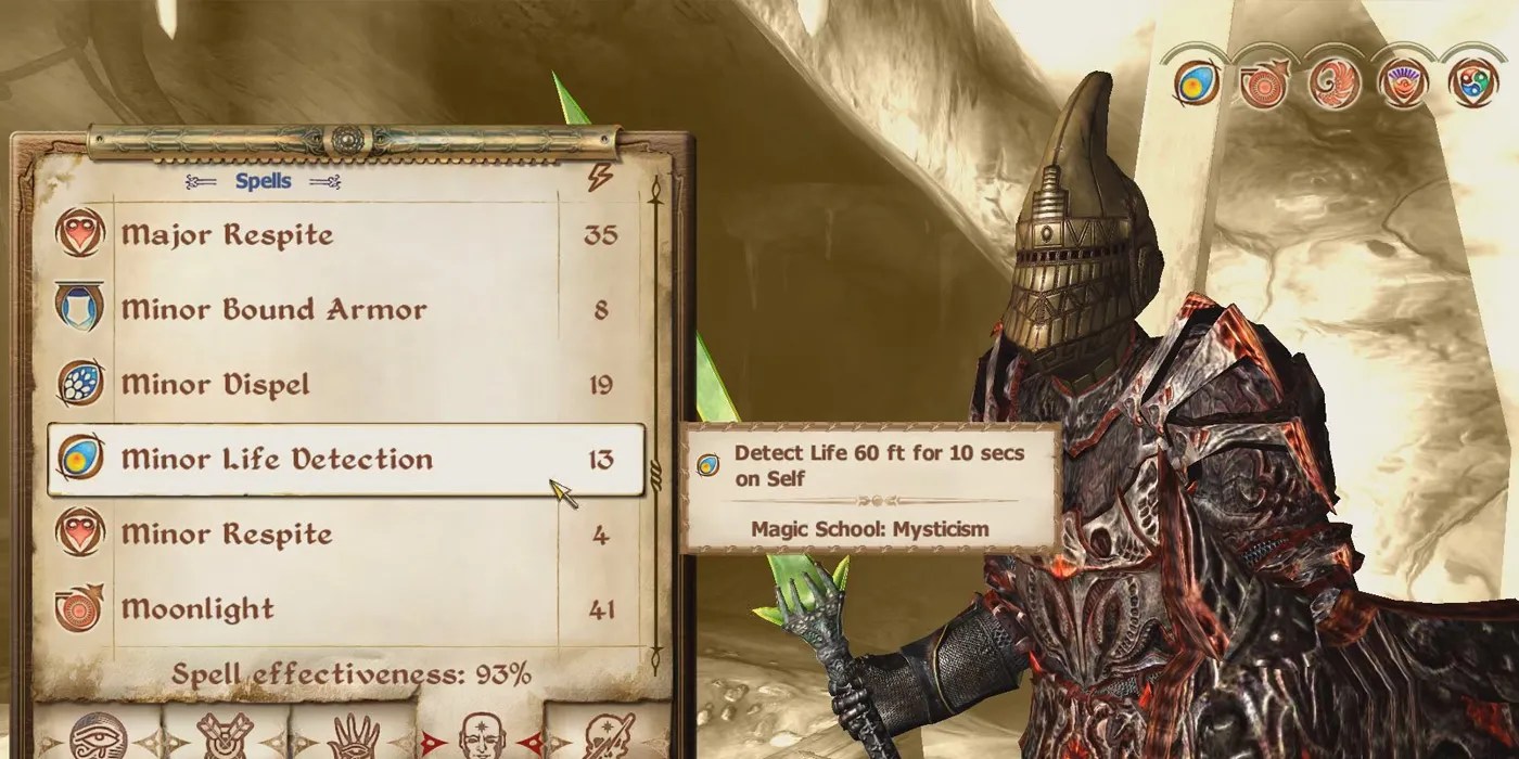 A mage browsing through a spell list