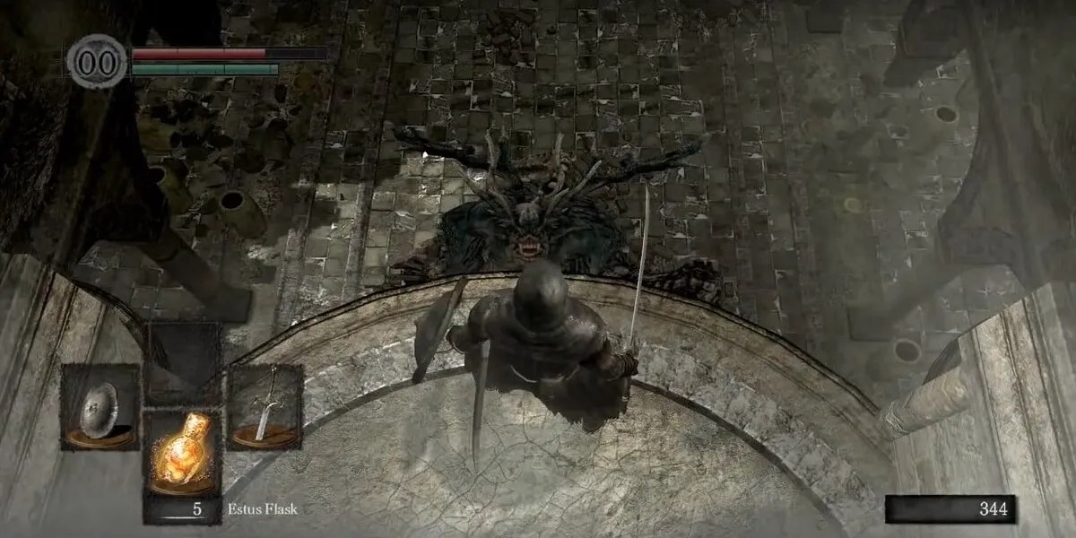 The Player looking down at the Asylum Demon in Dark Souls