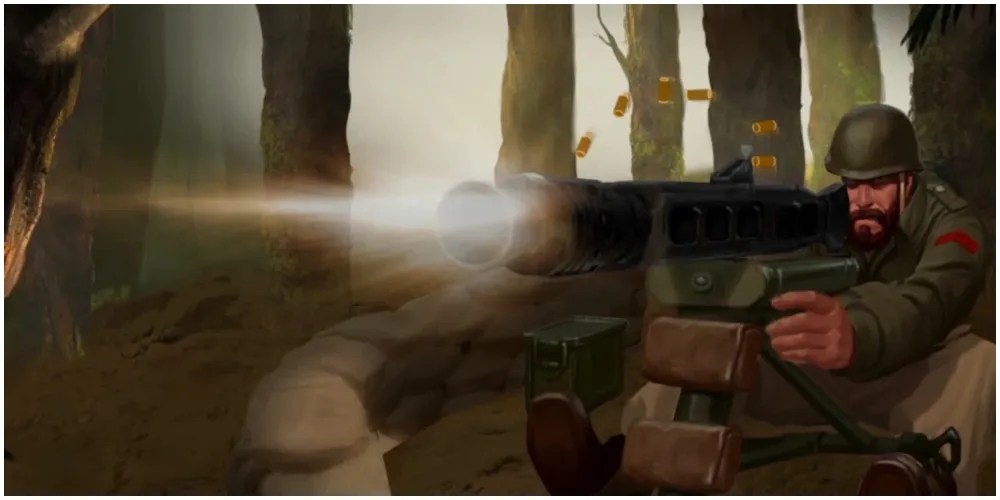 Artwork of a soldier on a machine gun