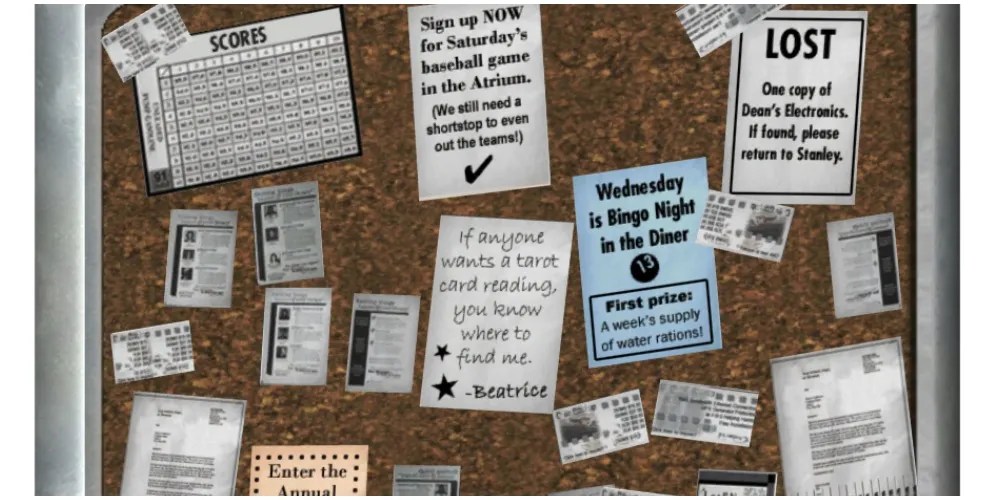 A notice board with events going on in Vault 101