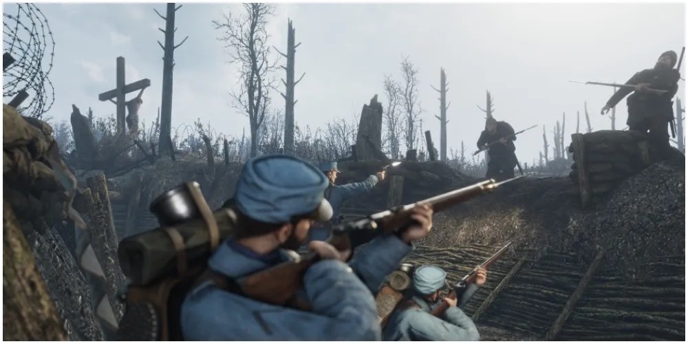 French forces defending their trench from Germans