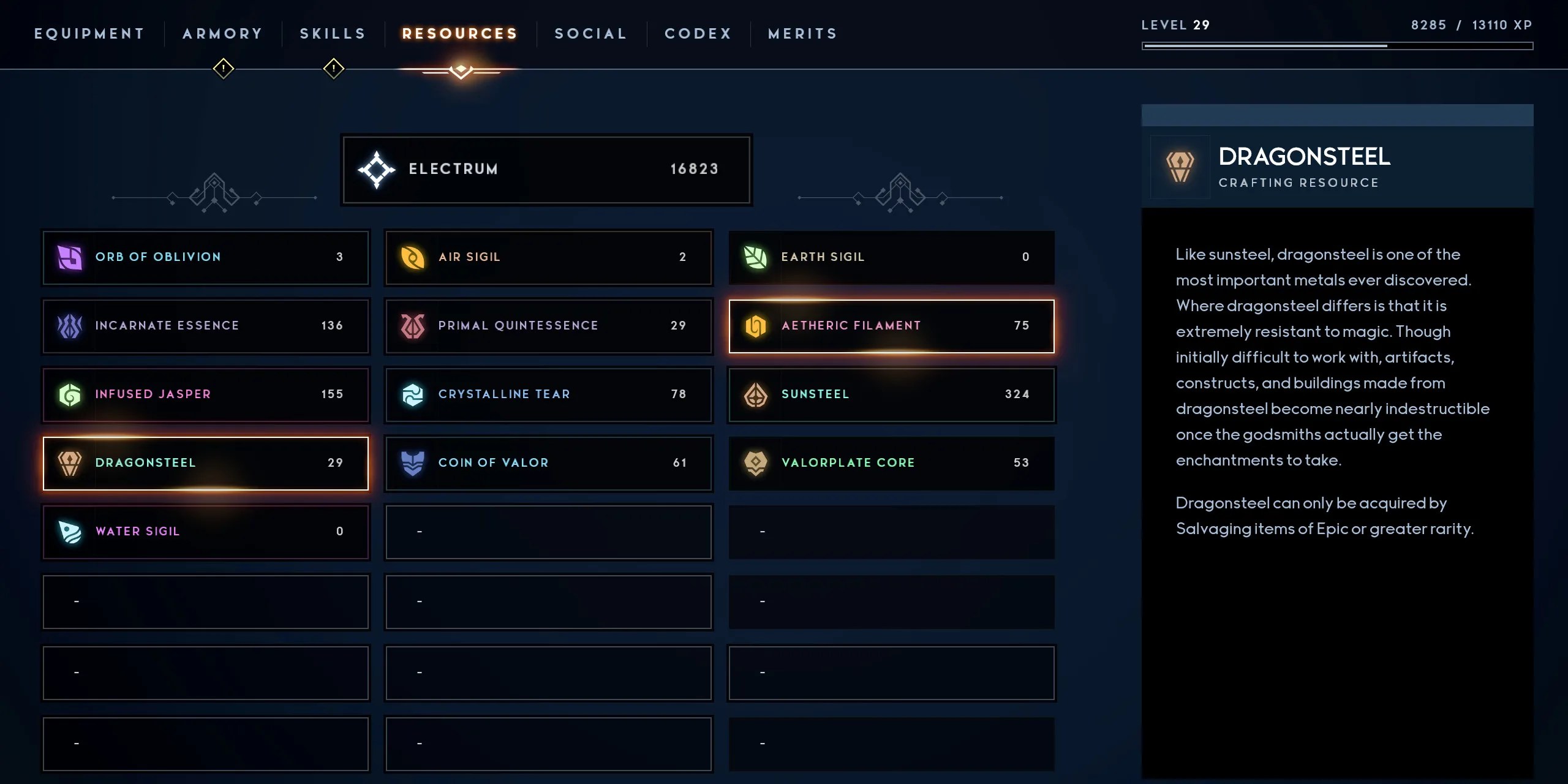 Godfall Inventory Menu of Resources