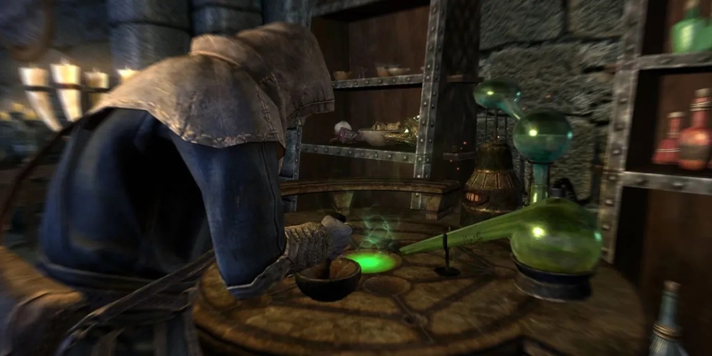 Skyrim Hooded Player Performing Alchemy