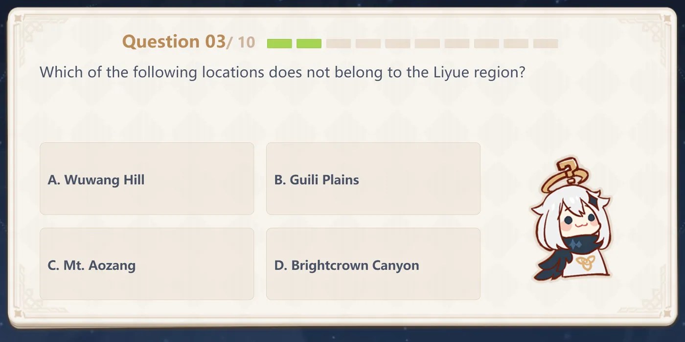 question asking &quot;Which of the following locations does not belong to the Liyue region?&quot;