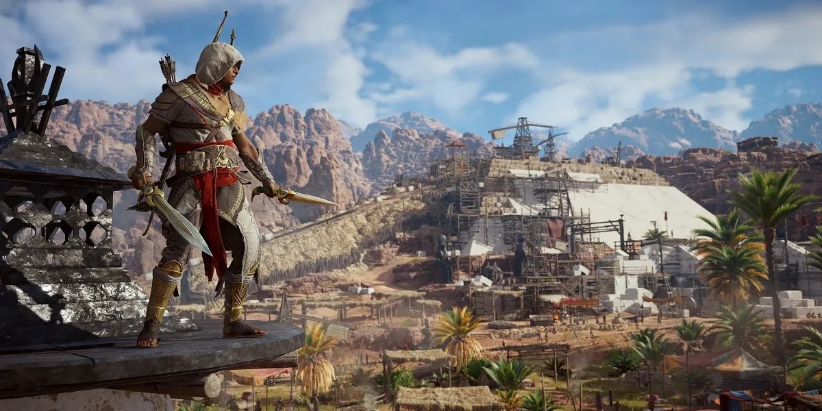 Bayek overlooks a settlement in Assassin&rsquo;s Creed Origins