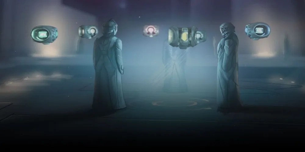 Halo A Gathering of Installation Monitors and Forerunners Low Lighted Chamber