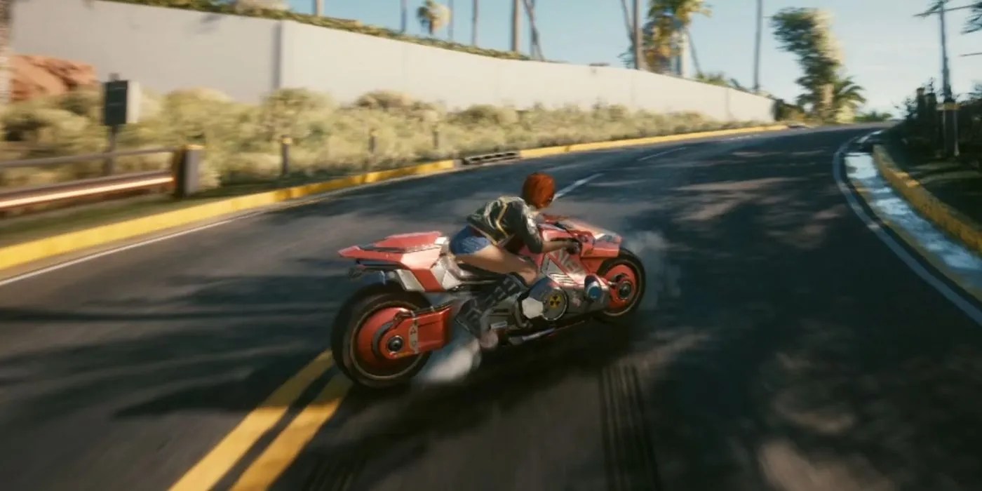 Cyberpunk 2077 V on a motorcycle