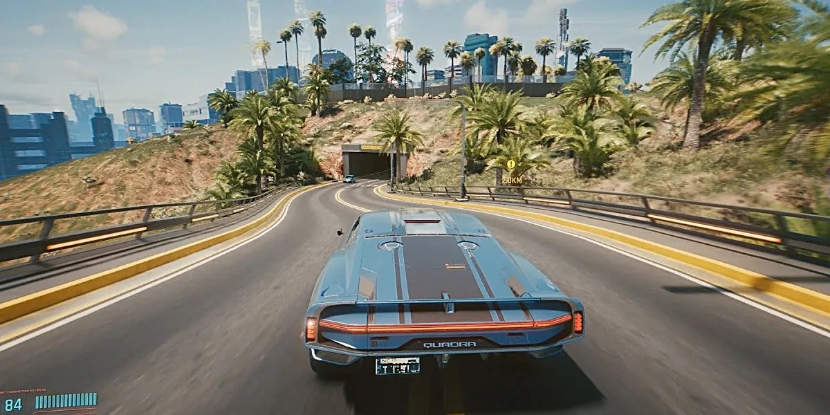 V drives a car in Cyberpunk 2077