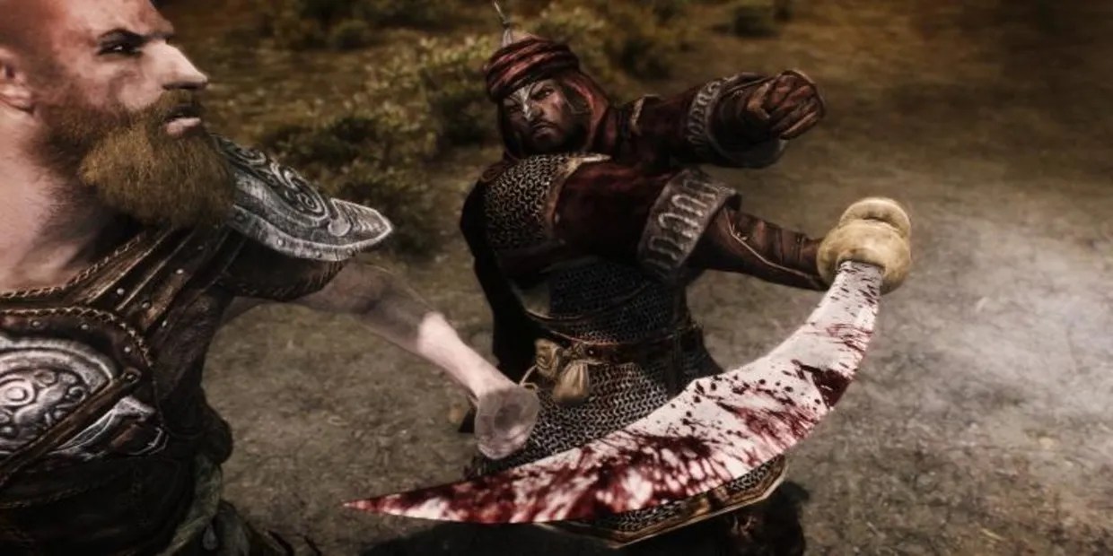 Alik&rsquo;r Warrior swinging a scintar at an enemy, Skyrim