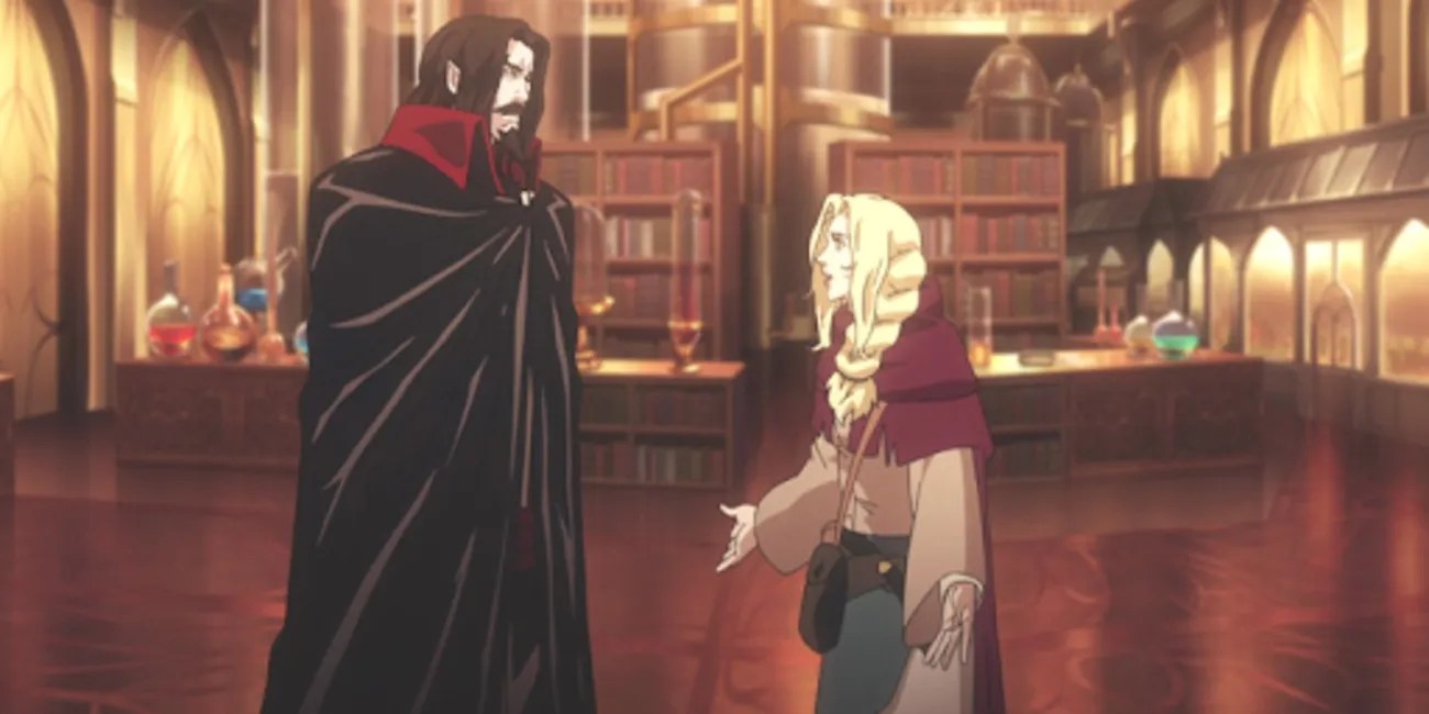 Dracula and Lisa soeaking with lab in background, Netflix