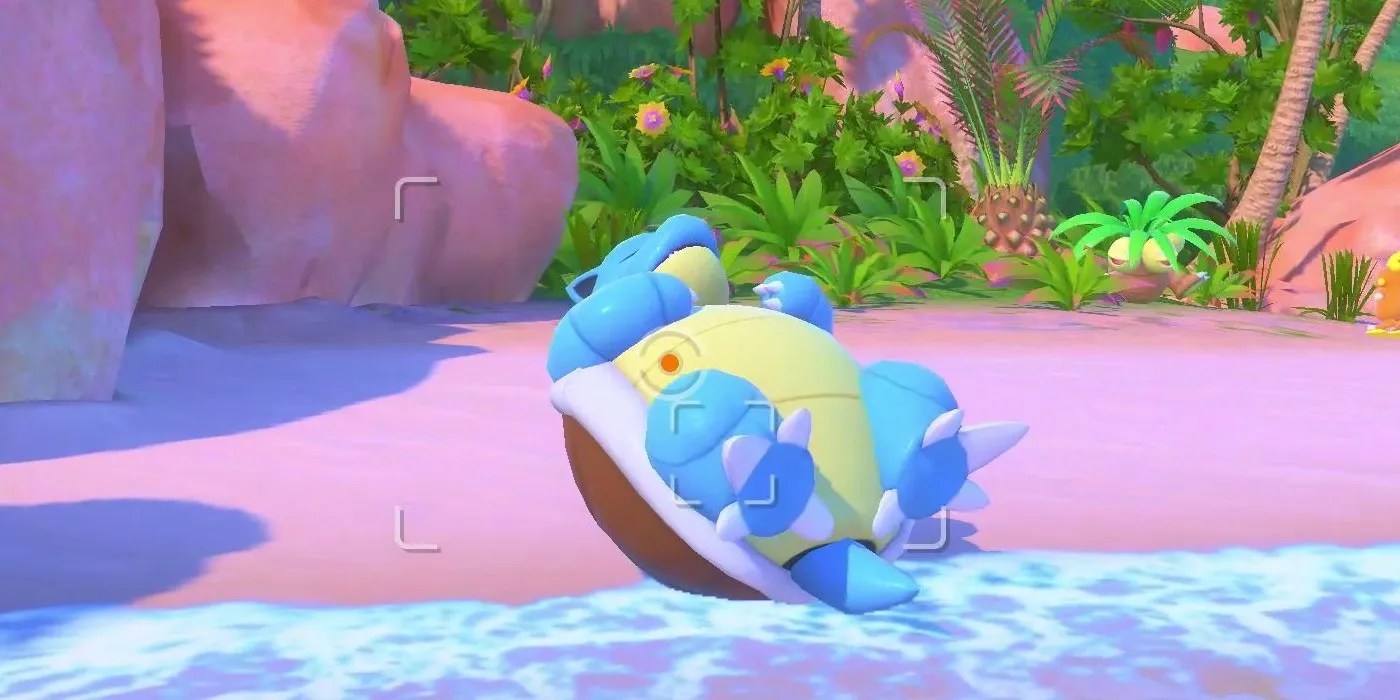 A Magikarp jumps out of the whirlpool in the Maricopia Reef (Day) course in New Pokemon Snap