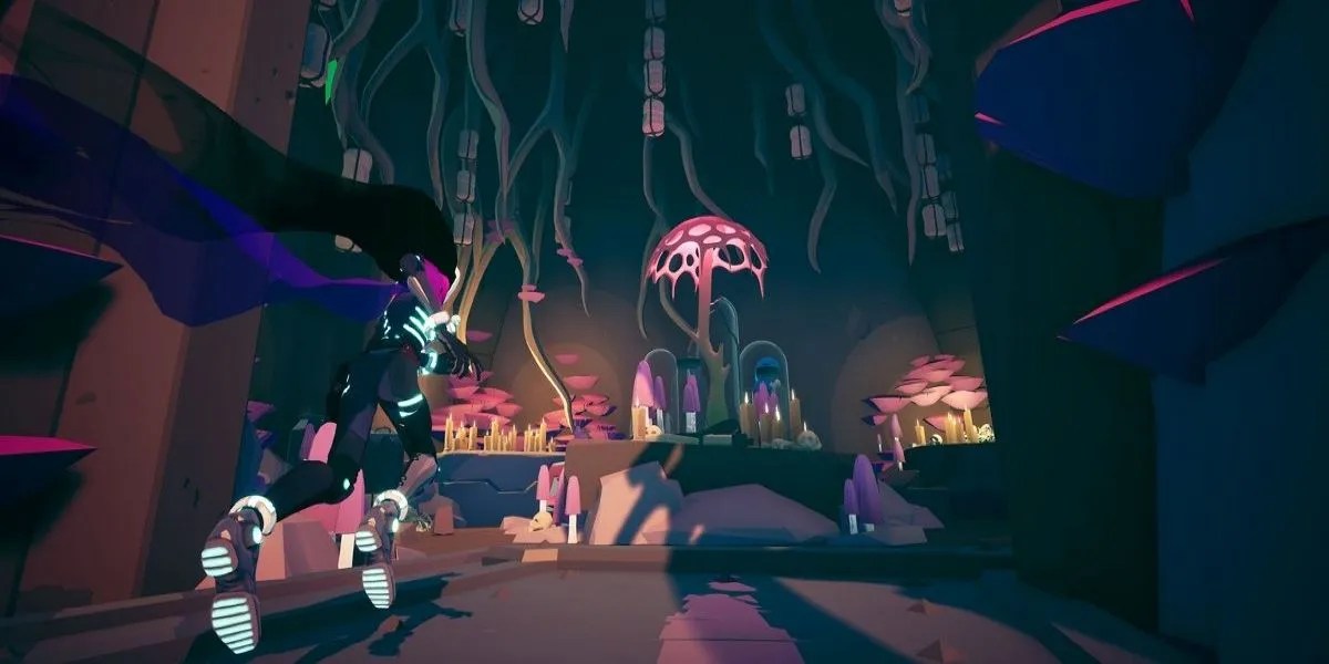 Solar Ash player skating through the landscape