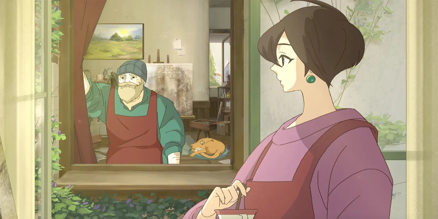 Behind the frame&rsquo;s characters: An old man, a young painter, and an old cat.