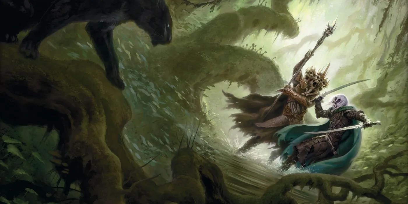 D&D’s Drizzt fighting a shaman along with his pet