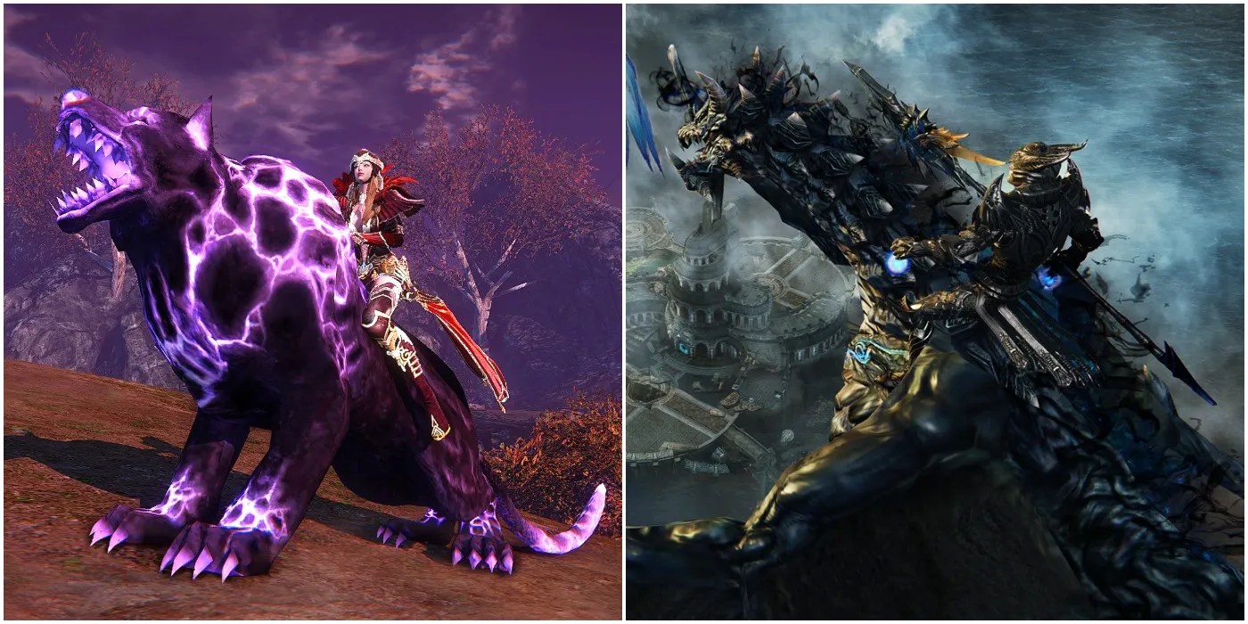 Riders of Icarus Side By Side Female Guardian Riding Glowing Purple Wolf Mount And Male Guardian Flying Through The Air On Black Dragon