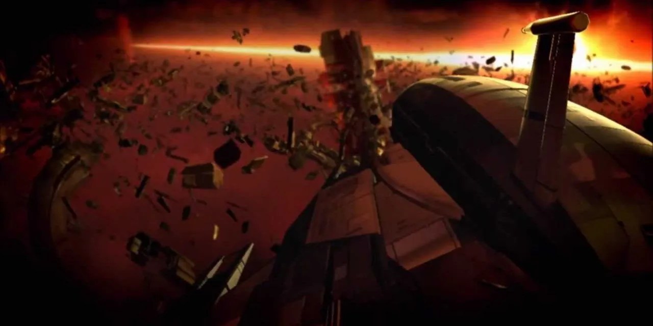 The Normandy and a debris field in Mass Effect 2