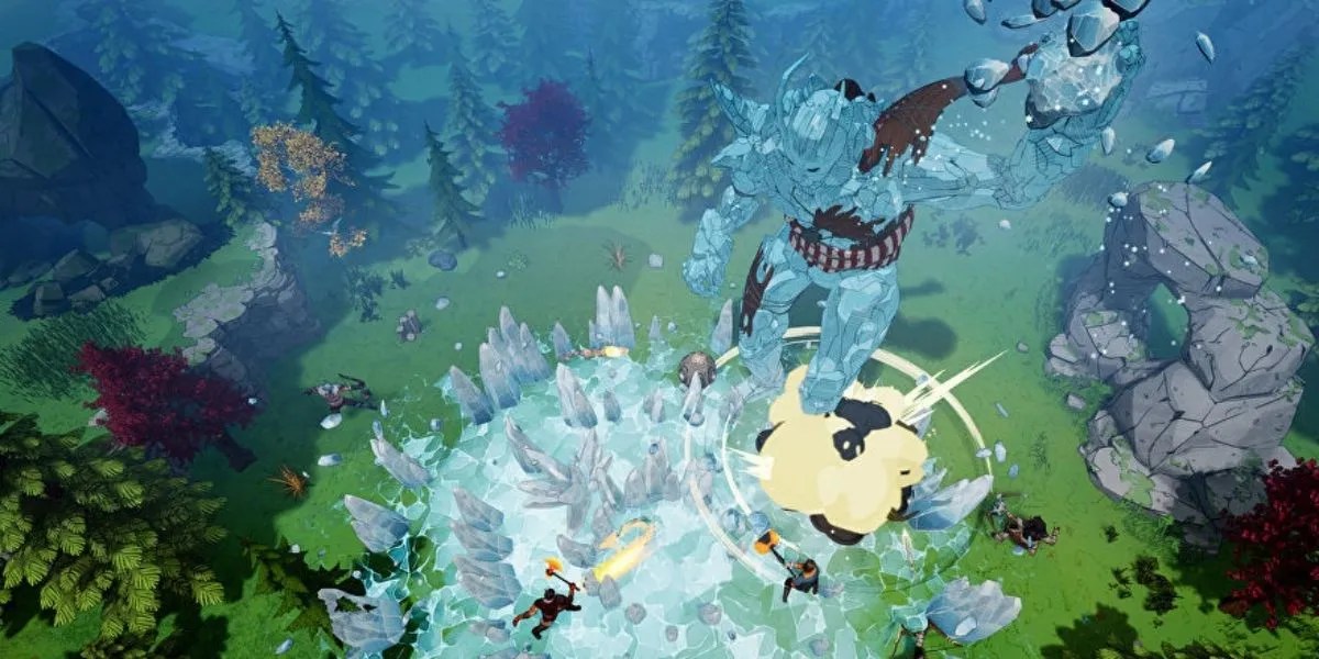Tribes of Midgard frost giant launching an attack